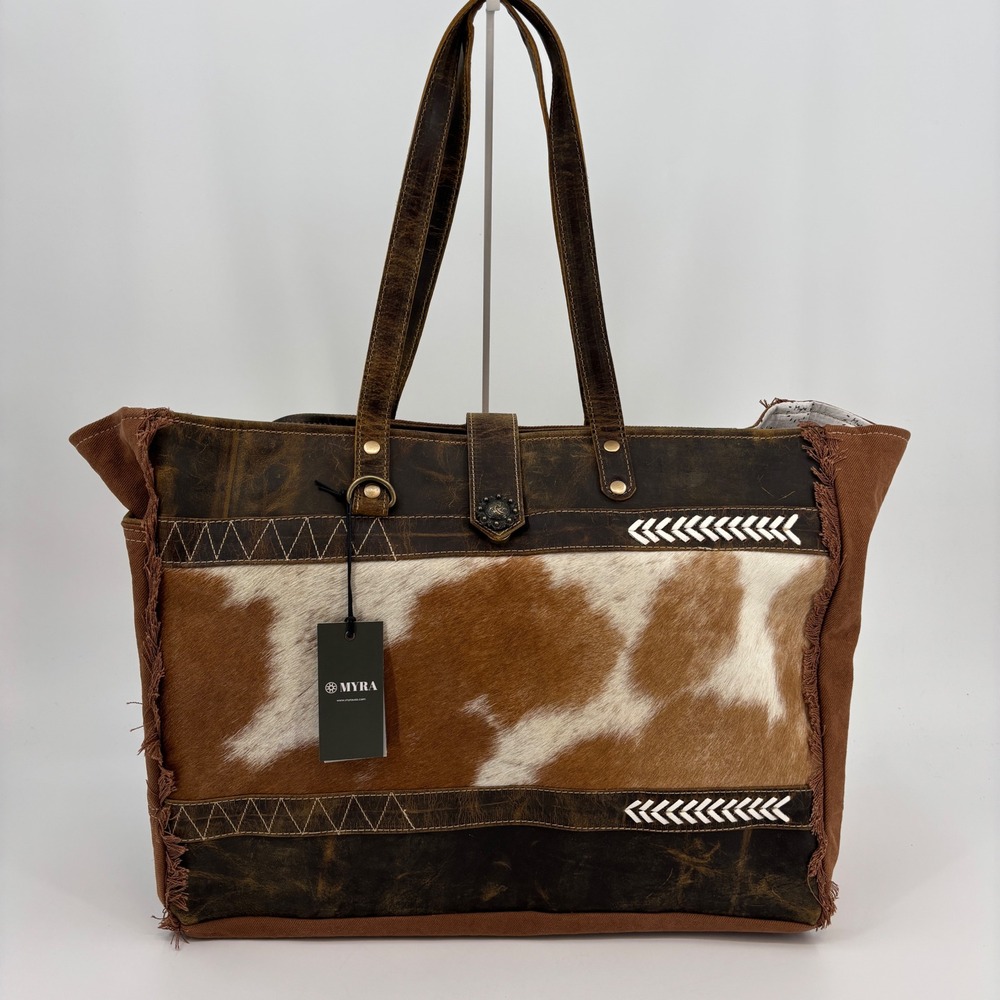 Myra Binance Weekender Bag Women Large Brown Cowhide Leather Canvas S-5228